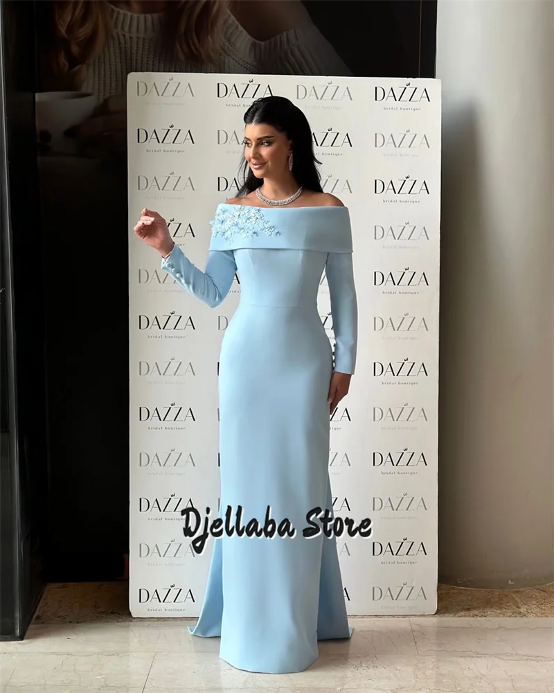 Robe de soirée bleue perlée, épaules dénudées, élégante, pour femmes, arabie saoudite, manches longues, robe de soirée formelle, personnalisée, 2025