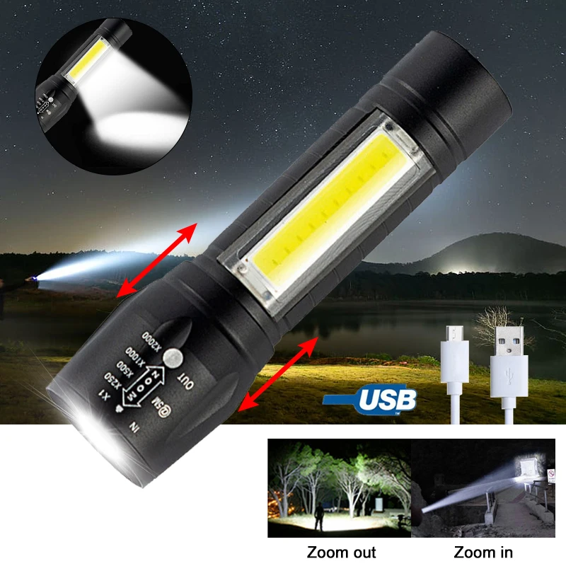 Hot XPE +COB Zoomable Light Lamp Torch with LED Flashlight 18650 USB Rechargeable