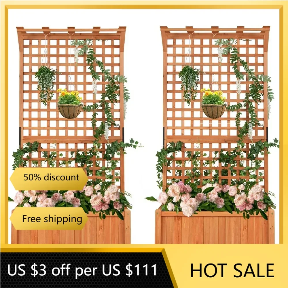 Planter with Trellis Set of 2,  Wood Planter Box with Lattice Trellis & Hanging Roof, Removable Base