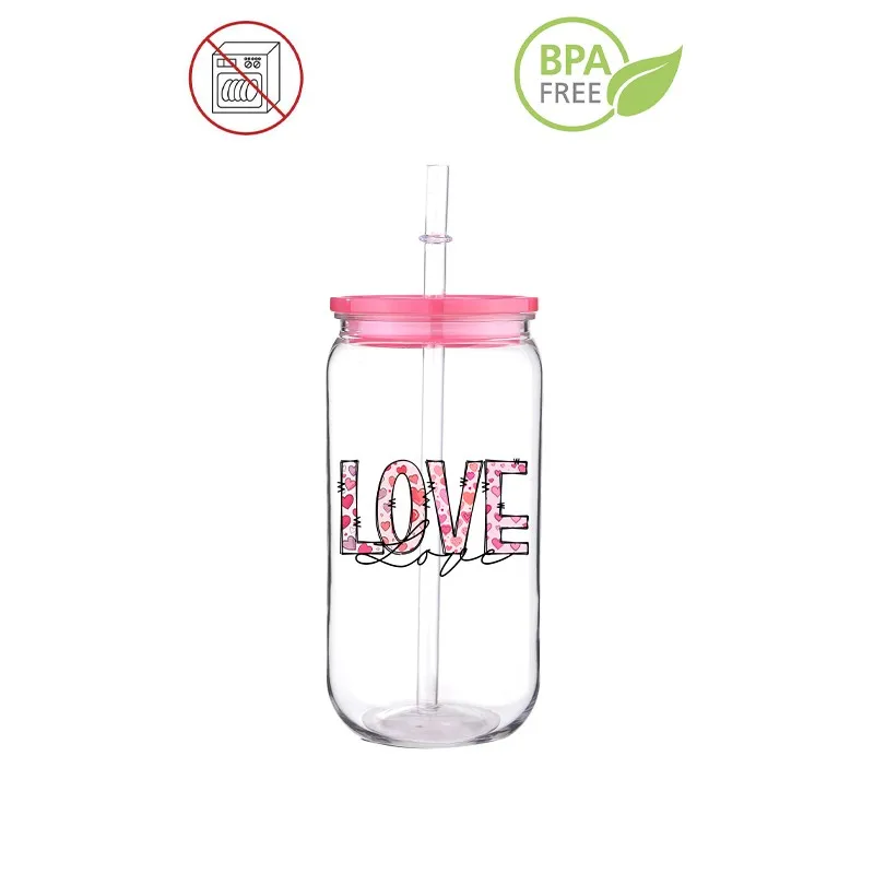 Love  3D Design Printed Transfer BPA free Plastic Straw Cup Comes With Colored Lid And Sreaw Can Milk Coffee Throw-Proof 16 OZ