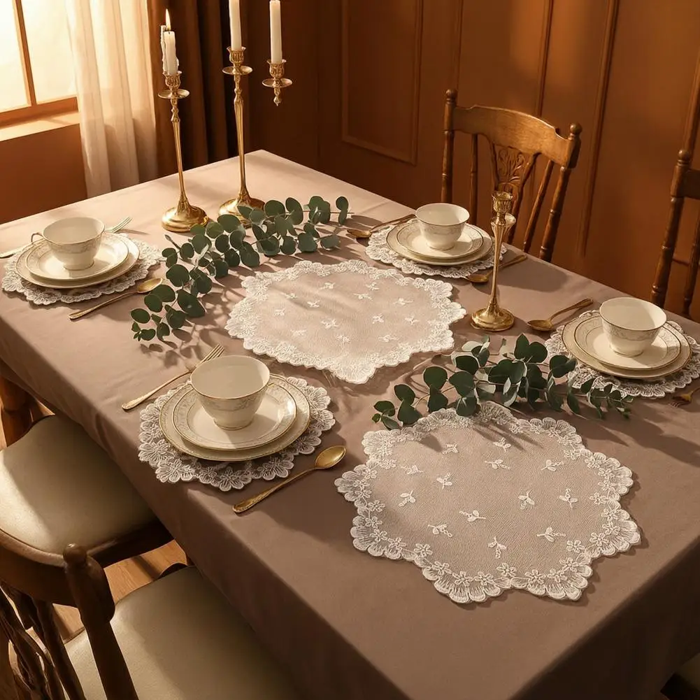 Vintage Floral Lace Placemats Decorative Table Mats for Dining Retro Lace Placemats Set White Floral Embroidered Doilies for Tea