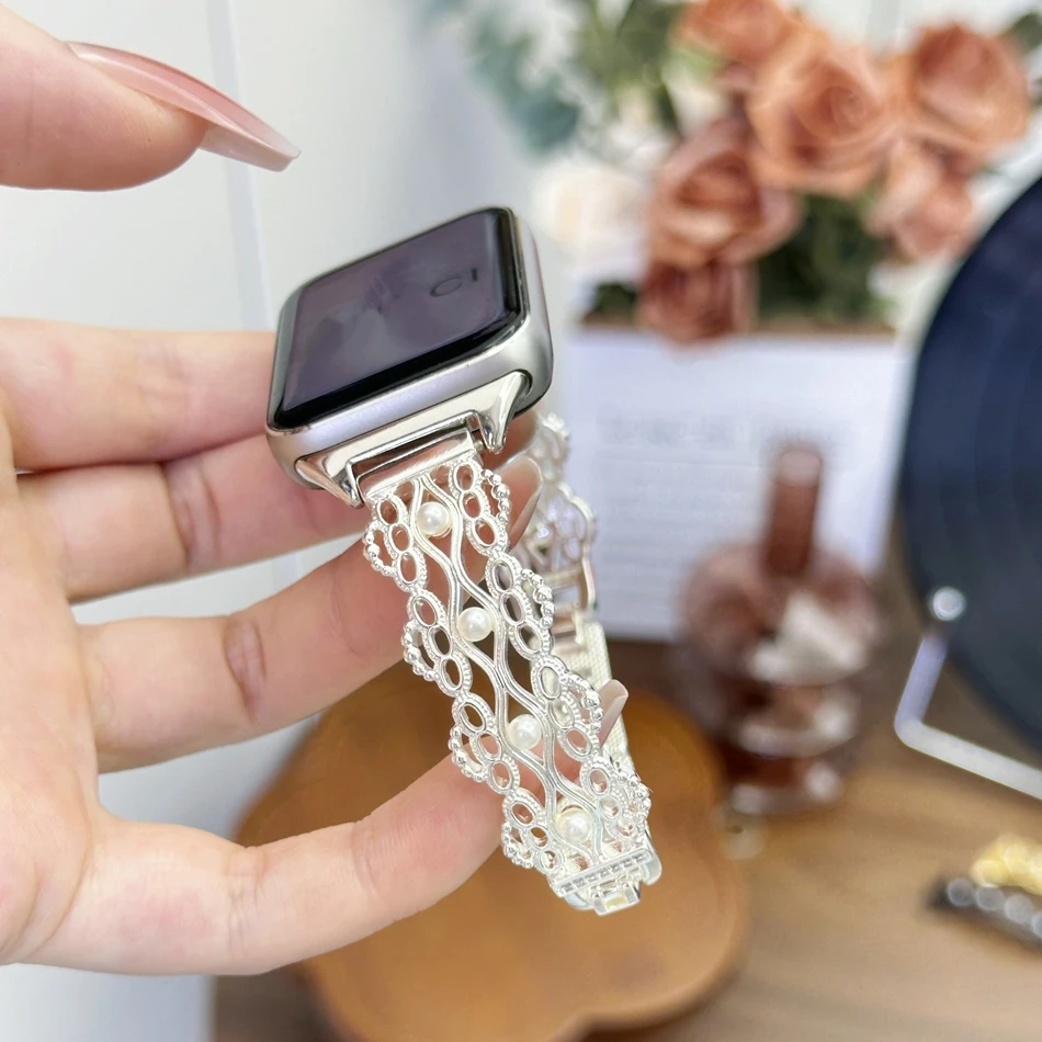 حزام لشاومي Mi Band 10 9 8 Pro حزام الساعات لـ Miband 8Pro 9 Pro موضة الجوف الدانتيل اللؤلؤ سوار المرأة النحاس معصمه #3