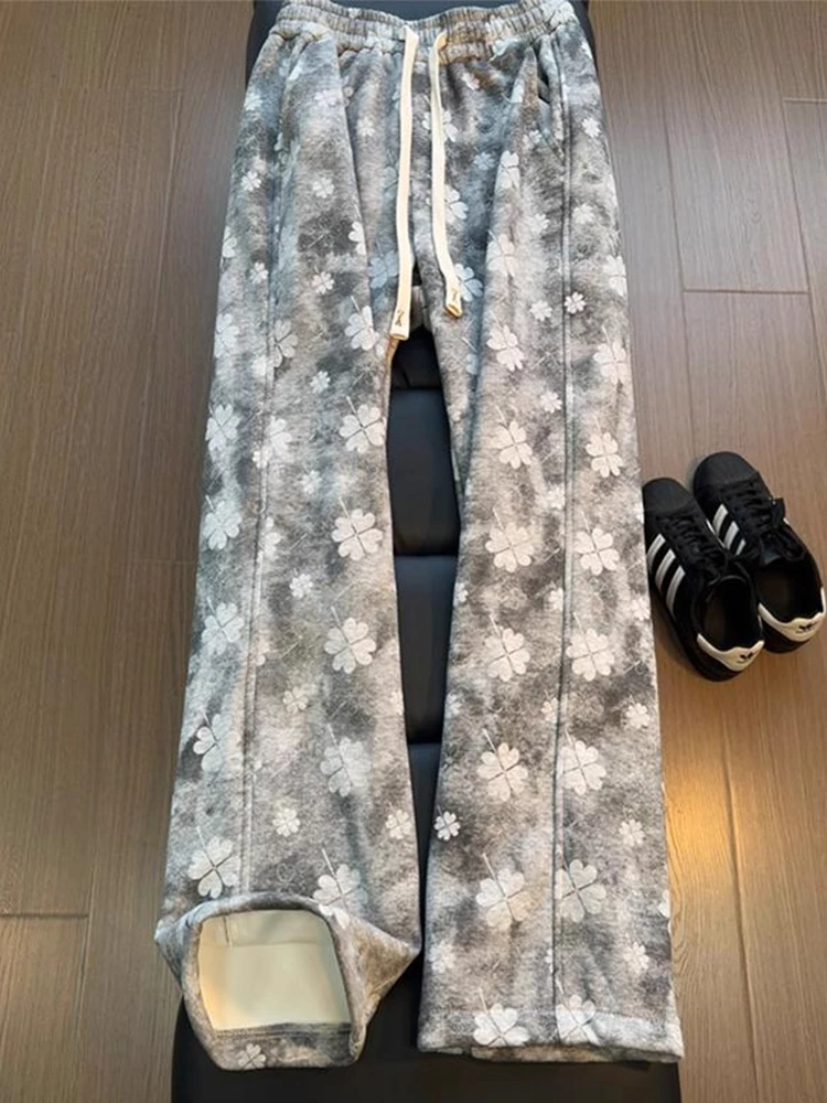 

Повседневные прямые брюки с подкладкой Knot Dye Fce, свободные широкие длинные брюки с принтом Four Le Clover для мужчин, зимние американские брюки...