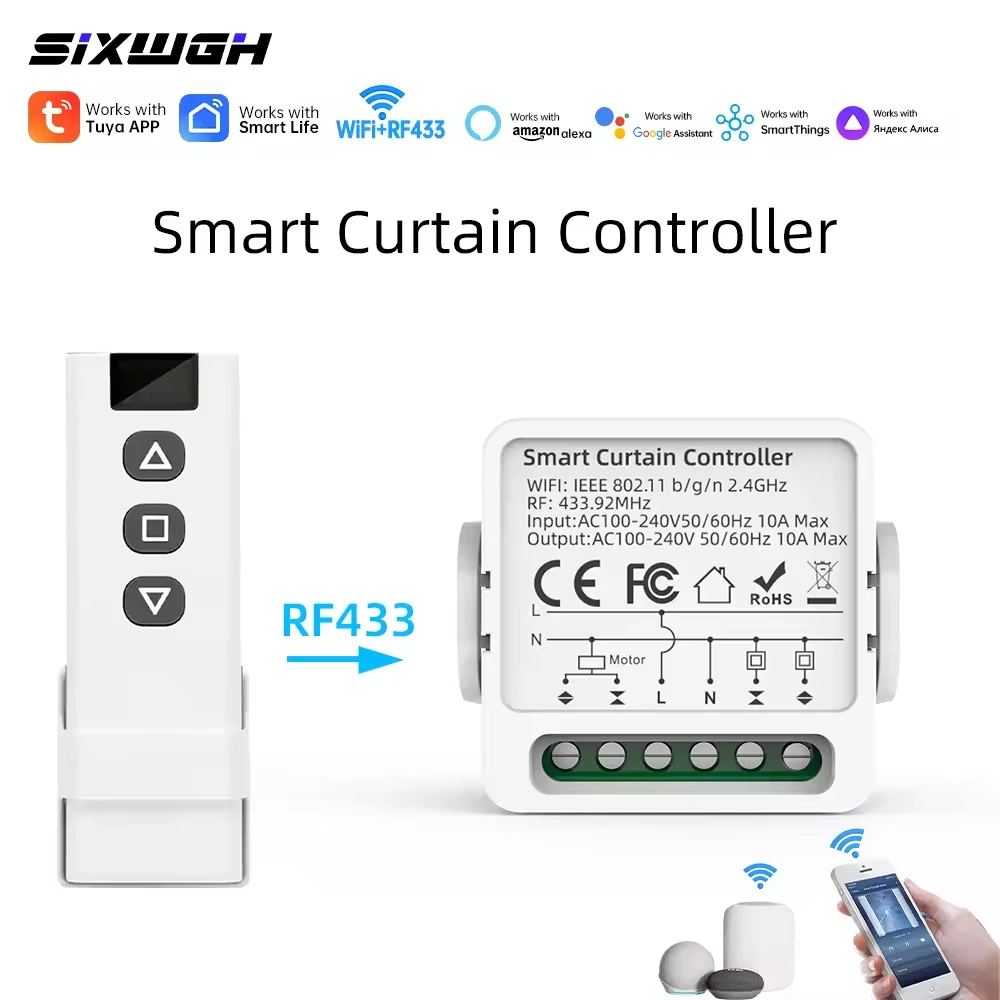 

SIXWGH Smart Curtain Switch/Motor Controller WiFi RF433 RemoteAPP Control for RollerBlindsShutter Wall AC240V10A Tuya Smart Life