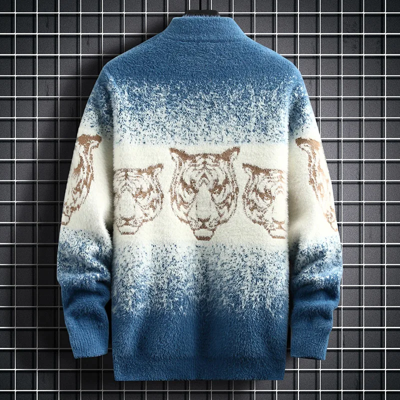 Hip Hop Tiger Print O-Neck Men Casual Sweaters Stretwear Winter Warm Loose Pull Homme Top Quality Christmas Sueteres Para Hombre