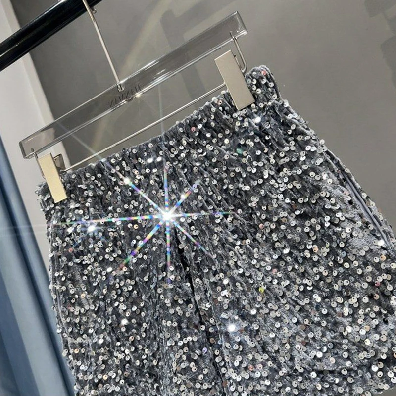 Damen Pailletten-Shorts mit elastischem Bund, glitzernde Hose, schmale Passform, lässige Hose, Nachtclub, Halloween, Festival, Party, Bühnenshow, Y2K-Shorts – Detail 10