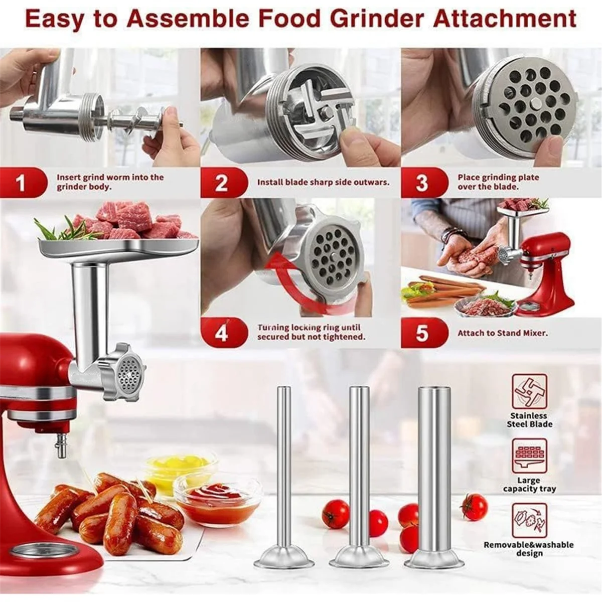 

JLMC Meat Grinder Attachment for Kitchenaid Stand Mixer Stainless Steel Meat Grinder Accessory Knife Net Blade Combination