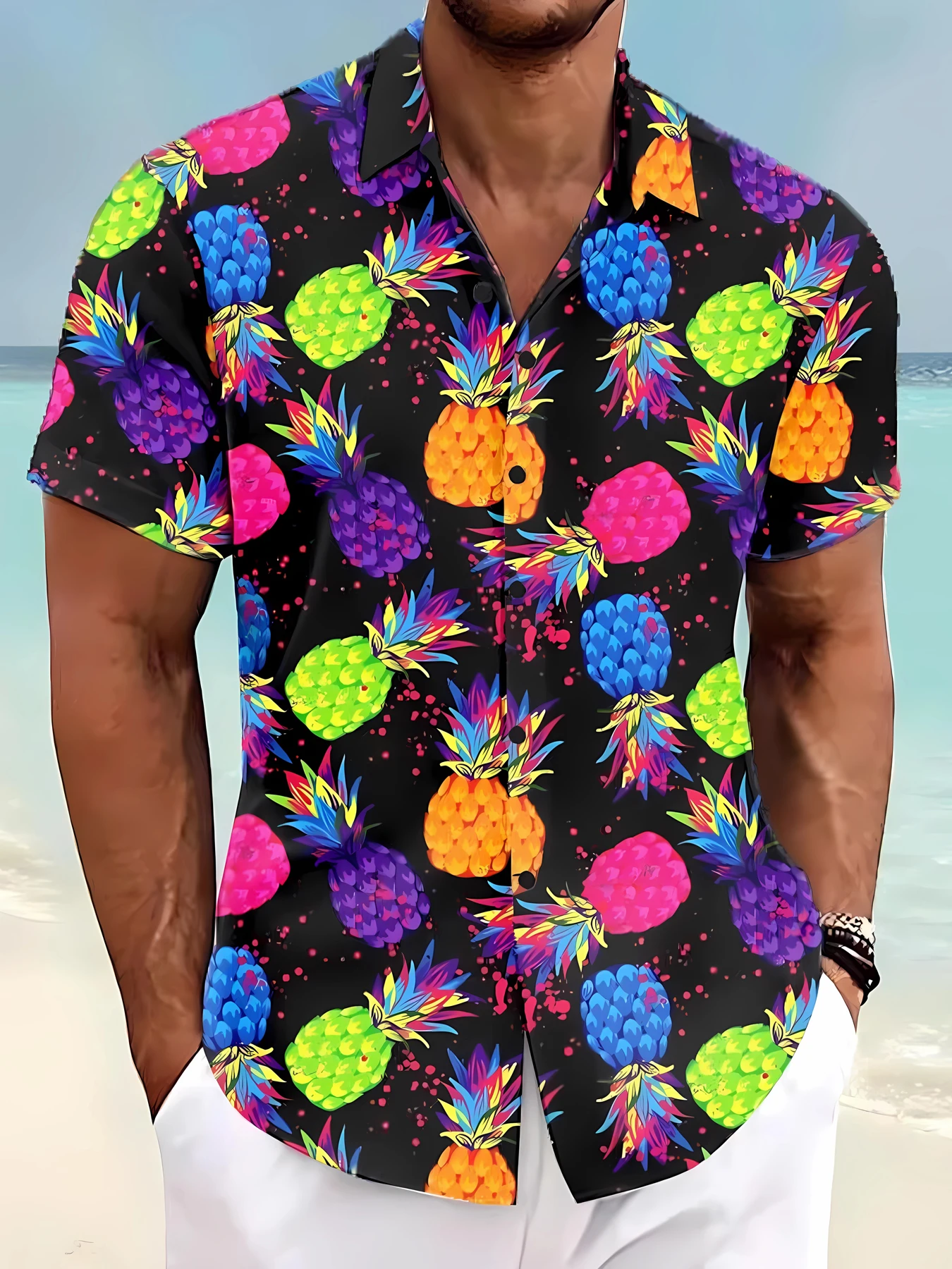 Colorful Pineapple Pattern Men\'s Short Sleeve Button Down Lapel Shirt For Summer Resort Holiday, Hawaiian Style