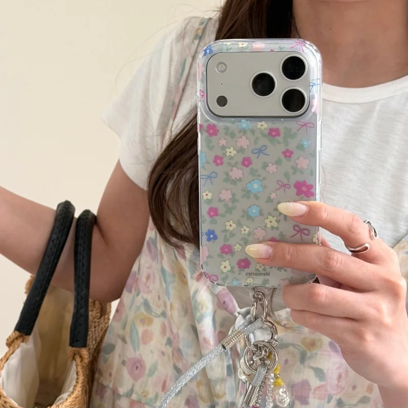 

Korean Cute Bowknot Flower Painting Phone Case For iPhone 17 Pro 16 15 Pro Max Cover with Pendant Hand Rope Lovely Cases For Gir
