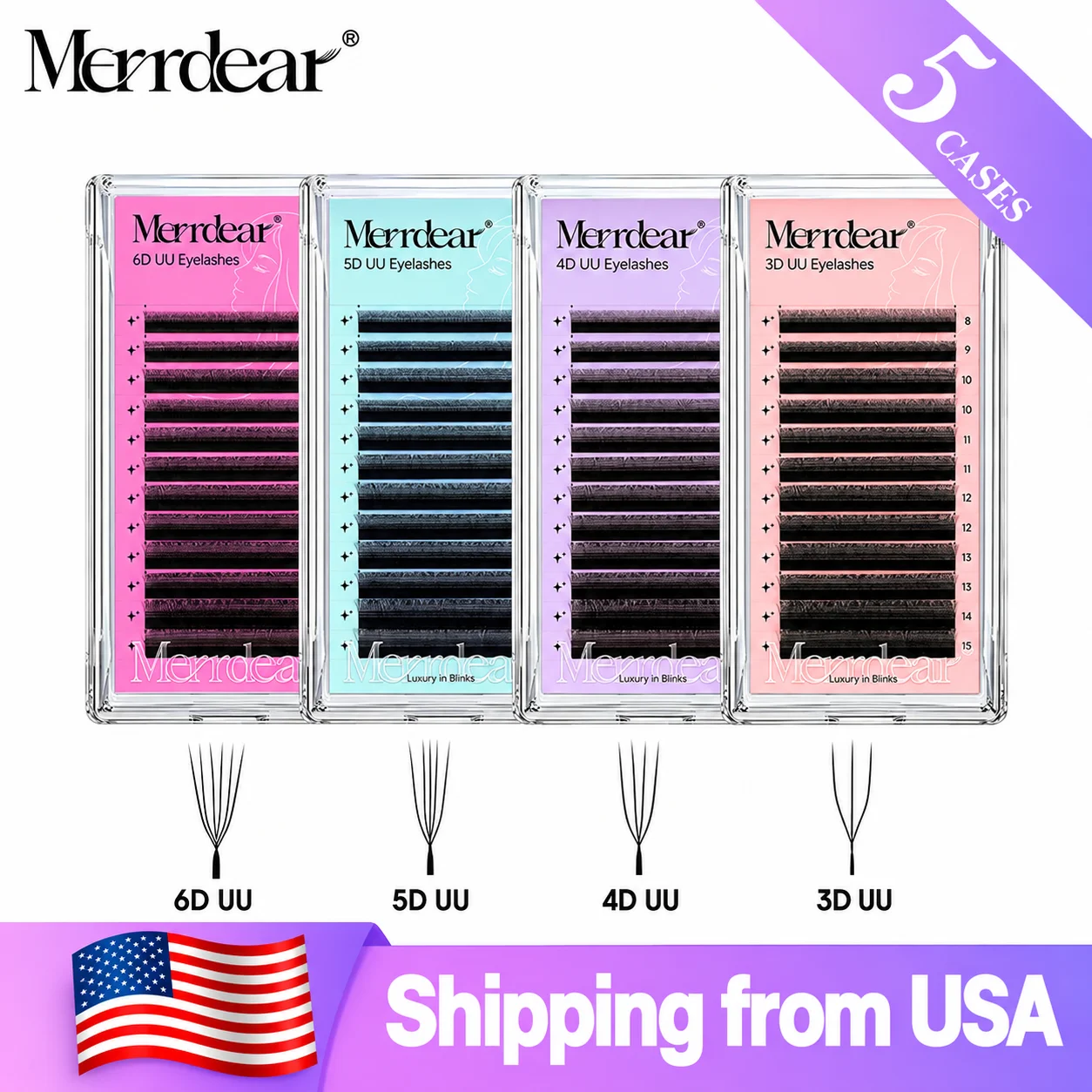 Merrdear 5 Cases/Lot U Shape 3D 4D 5D 6D Eyelash Extension Soft Natural Premade Fans C/D Curl False Eyelashes Handmade Flower Bloom U Lashes Ship From USA Warehouse