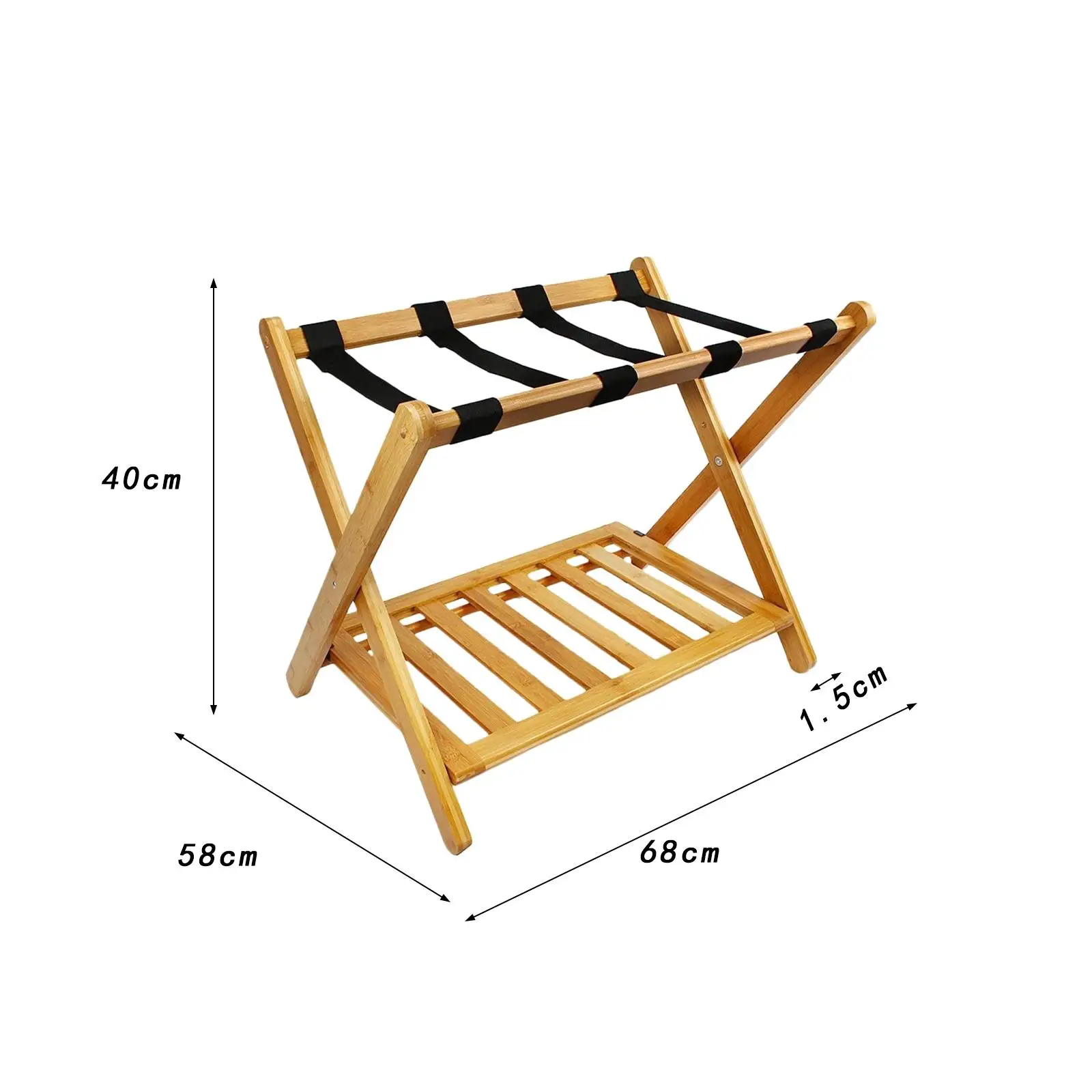 Portable Bamboo Luggage Rack Sturdy Double Shelf Folding Suitcase Stand Wood Storage Holder for Hotel Room Guest Use