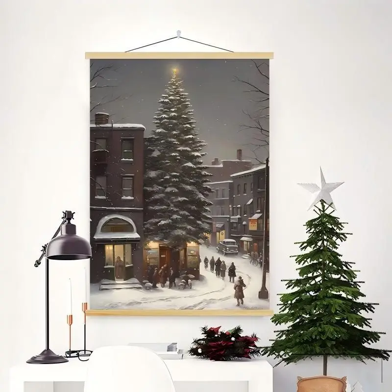 VIKAMA Wall Tapestry Snowy City Street Christmas Tree Red Brick Building Night Winter Home Decor Living Room Bedroom Dorm Print
