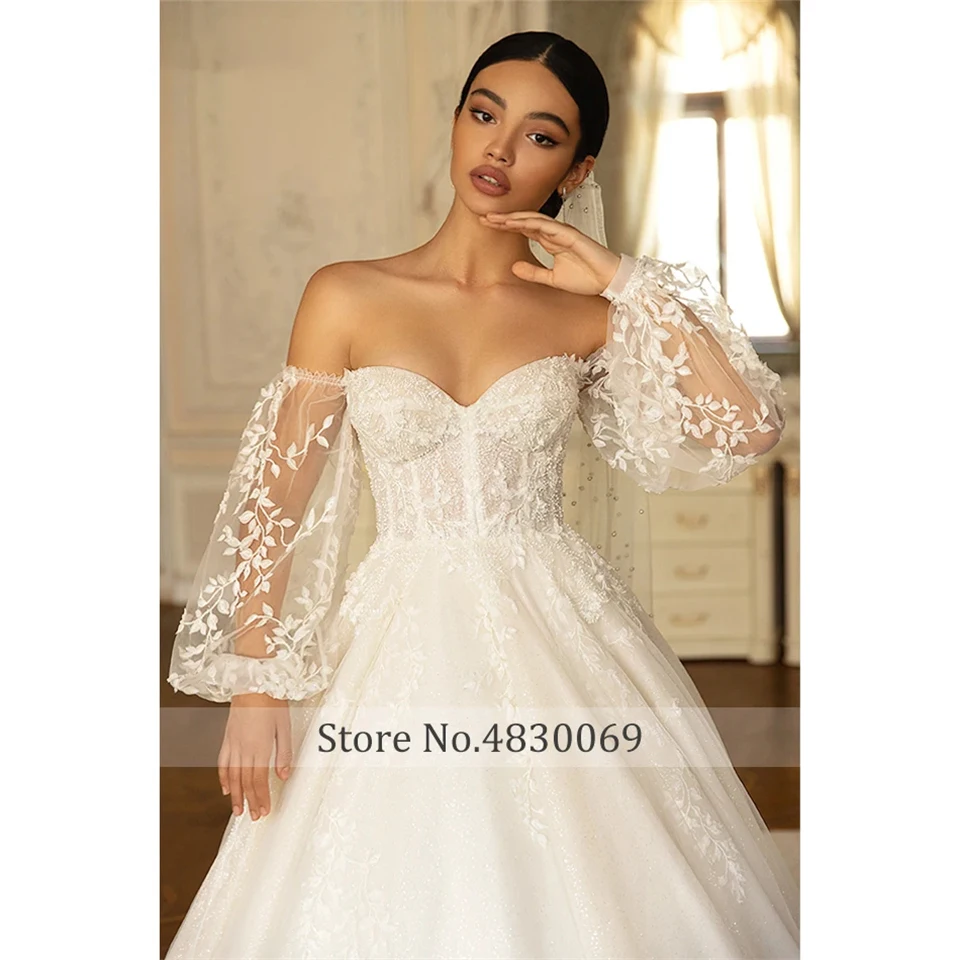 Customized 2024 Wedding Dress sweatheart Lantern Sleeve Strapless Chapel Train Appliques Ball Gown Floor Length Bridal Dress