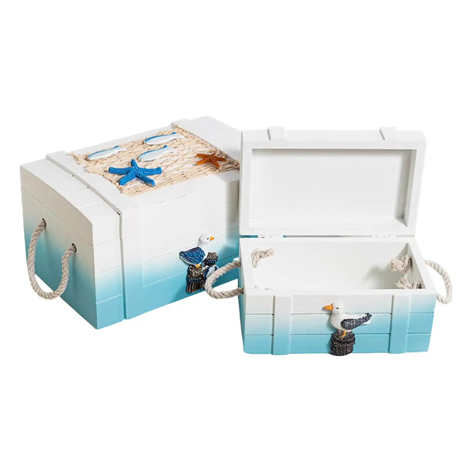 2x Ocean Style Wooden Storage Box Desktop Decoration Photo Props for Office