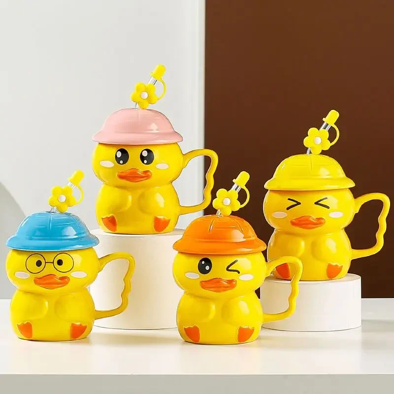 Creative 3D Yellow Duck Ceramic Mug Cute Straw Cup Coffee Mugs Free Shipping Unusual Tea Cup Personalized Gifts for Coffee Cups