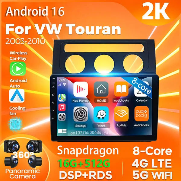 Android 16 Carplay Auto For VW Touran 2003 - 2010 Car Radio 2Din Player Multimedia Stereo 360 Camera Navigation Video AI Voice