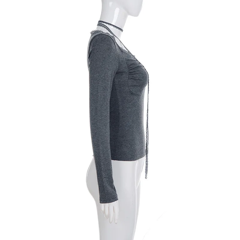 Korean style gray pleated square neck lace spicy girl age reducing ribbons slim fit T-shirt