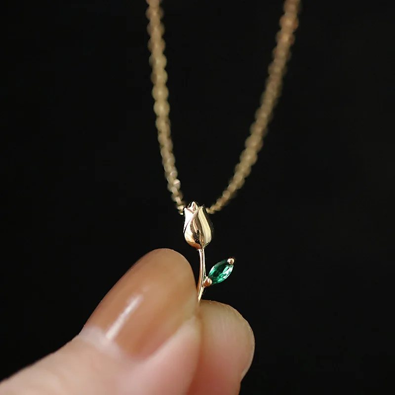 S925 sterling silver gold plated necklace rose shape green grandmother Mini small exquisite clavicle chain