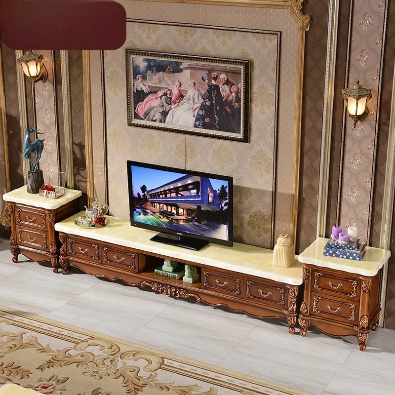 European natural marble TV cabinet, coffee table combination, full solid wood carving flower floor cabinet, antique living room