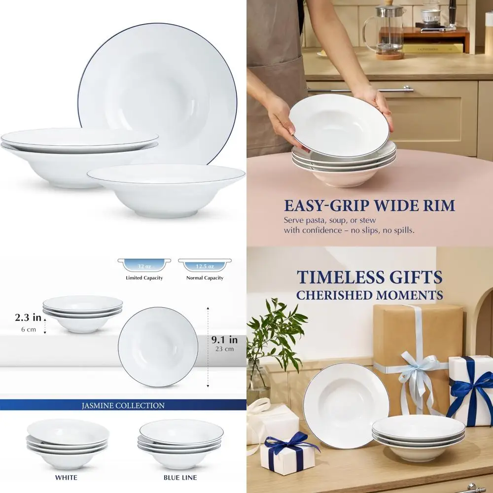 Conjunto de 6 tigelas de macarrão de porcelana branca – ideais para sopa e saladas rasas, além de 9 tigelas de jantar com borda azul para servir, adequadas