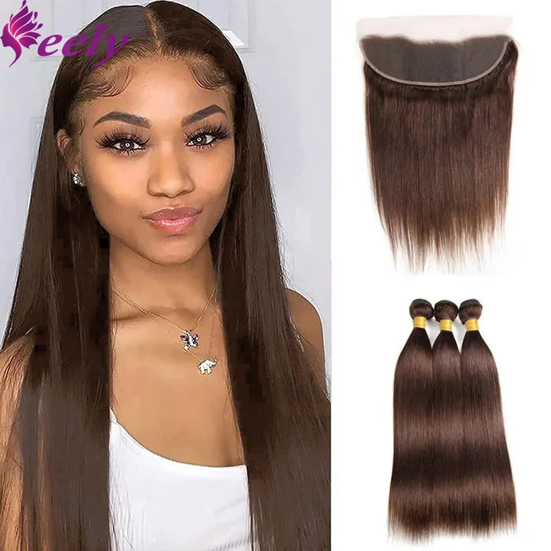 

Brown Human Hair Bundles With Closure Straight Frontal 13x4 Lace 100% Real Human Hair Weave Extensions 26 28 30 Inches Color #4