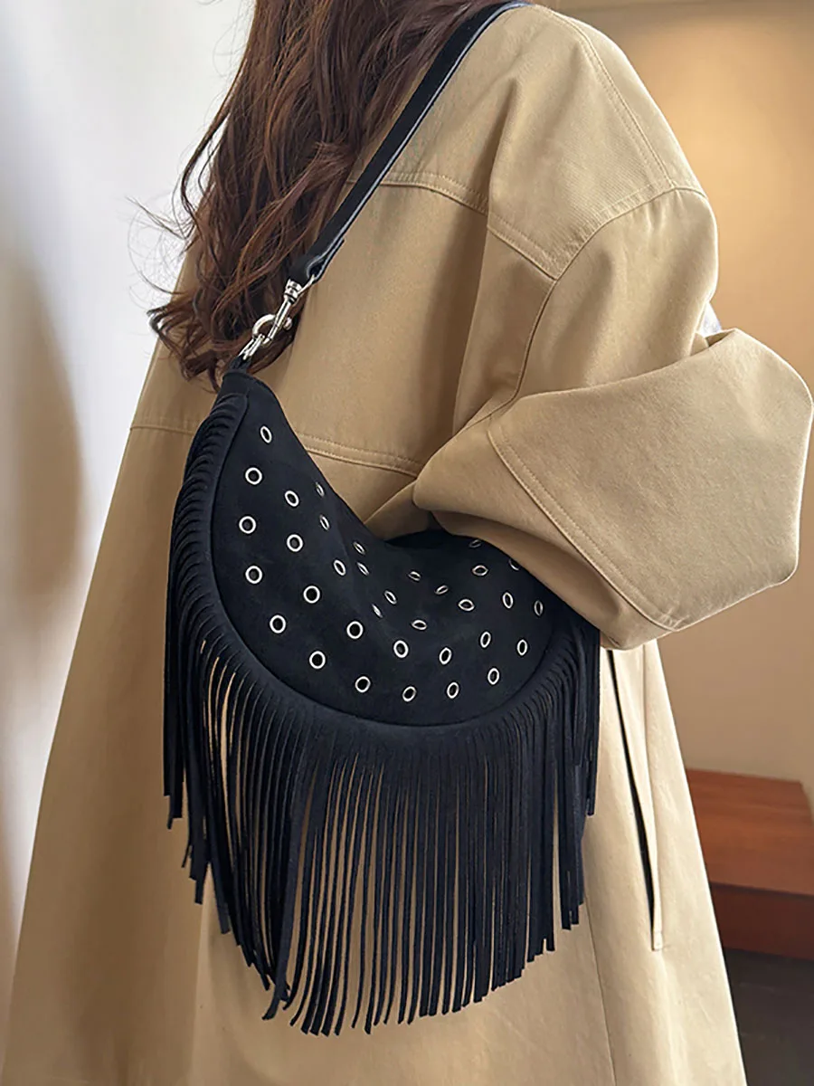 الصلبة شرابة حقيبة للسيدات 2025 الخريف الشتاء جديد البوهيمي نمط خمر برشام حقائب اليد سستة عالية الجودة حقيبة كروسبودي #3