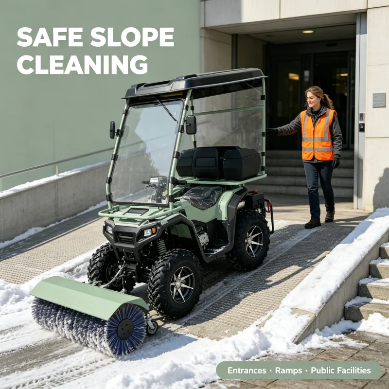 Four Wheel Snow Sweeper Vehicle With Hydraulic Front Brush For Airports Parking Lots Warehouses And Winter Road Maintenance