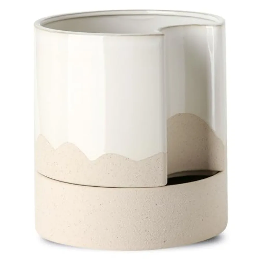 Ceramic Self Watering Plant Pot for Indoor Plants, 8 Inch, Wave Planter with Cotton Wick, Drainage Hole and Water Storage Plus,