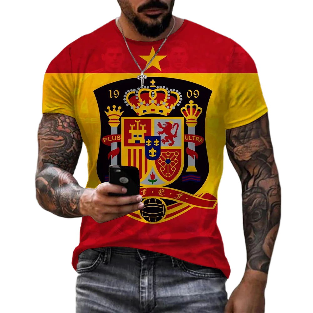 Men\'s and Women\'s Spanish Flag 3D Printed T-shirts, Harajuku Street Clothing, Oversized Loose Top, Russian Flag Print, Fashionab