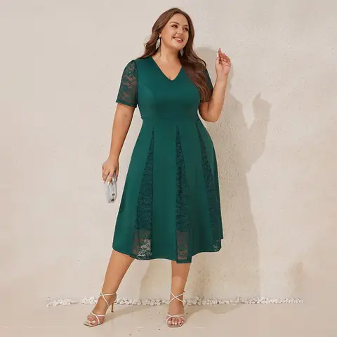 Plusstorlekar Dam Elegant Enfärgad Spets V-ringad Puffärm A-linjeformad Midiklänning Dam Fest Cocktail Kväll Balklänning Storlek 0XL-5XL 8 best sales middagsklänning för plus size - №3