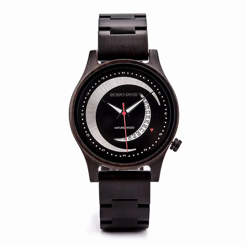 Hot Sale Minimalist Calendar Wooden Wristwatch for Men with Quartz Analog Round Pin Buckle Watch