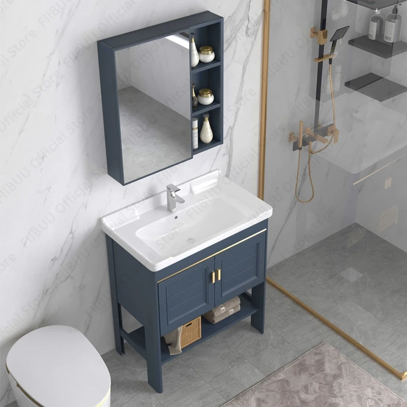 

Floor Standing Bathroom Vanity Cabinet with Ceramic Sink Basin Mirror Cabinet Faucet Set Storage Cabinet Combo for Bathroom
