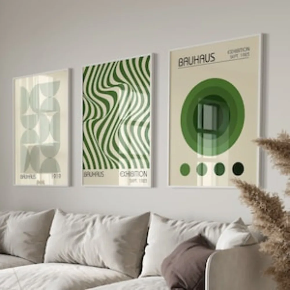 3 قطع من فن باوهاوس الأخضر بدون إطار، طباعة ريترو بسيطة، مجموعة ملصقات معرض باوهاوس، ديكور جدار هندسي حديث #1