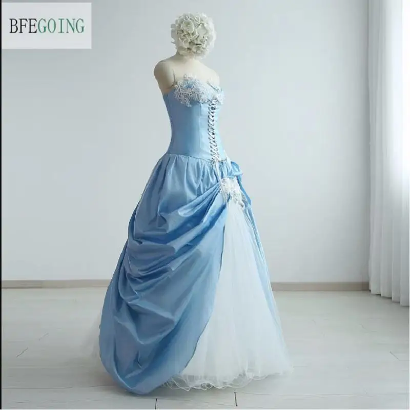 فساتين زفاف على شكل حرف A مخصصة بدون حمالات بطول الأرض بدون أكمام من قماش التفتا تول فساتين الزفاف