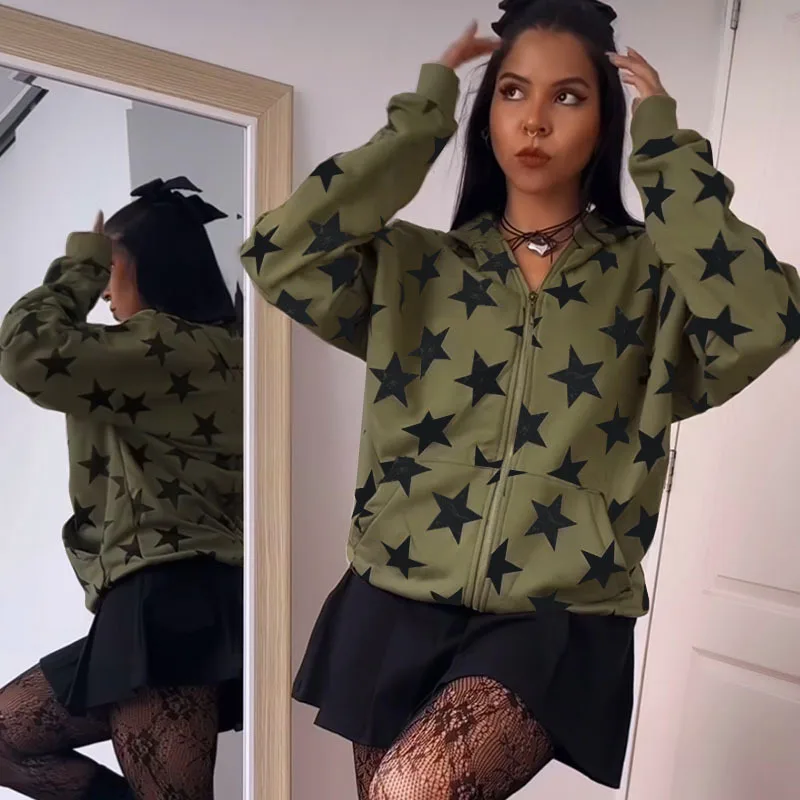 Bluzy z kapturem ze wzorem gwiazdy gotycki trend kobiety mężczyźni bluza z kapturem na zamek para jesień luźna odzież sportowa Harajuku Hip Hop bluza oversize