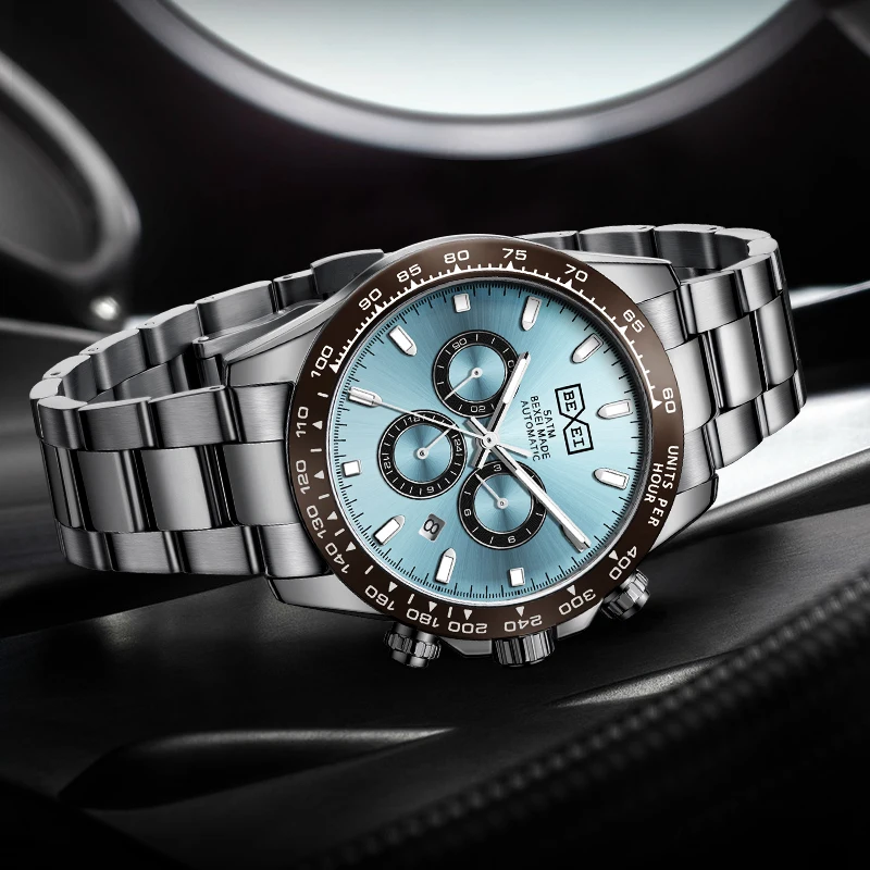 BEXEI 2025 アイスブルーダイヤル曜日、月、24 時間カレンダー表示ムーブメント機械式時計高級サファイア 5ATM 防水