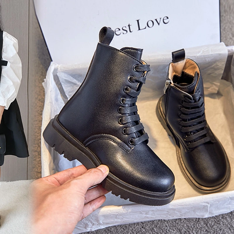 Girls Platform Ankle Boots Kids Winter Thick Lace-Up Zipper Booties Fashion Non-Slip Rubber Outsole Boots for Litter & Big Girls