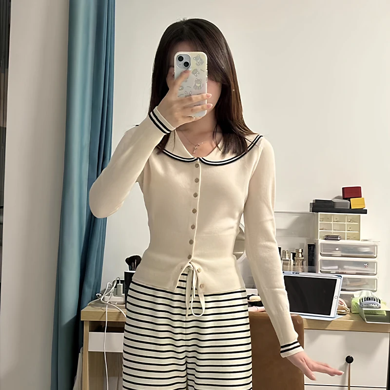 

Preppy Style Navy Collar Tops Women's Autumn And Winter Pure Desire V-neck Sweater Cardigan