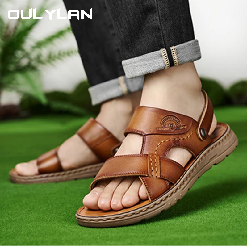 

OULYLAN Genuine Leather Sandals for Men Summer Trend Casual Men's Sandals Outdoor Non-slip Soft Sole Breathable Beach Shoes