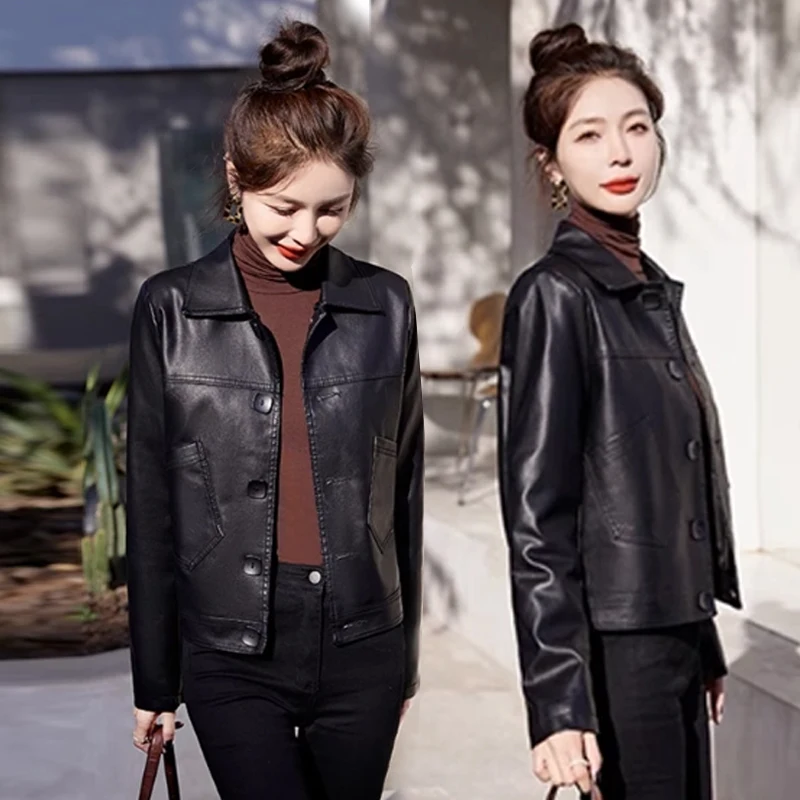 Faionable ort PU Leather Jaet Cappotto da motociclista Bla da donna Dimagrante Primavera Autunno Top da donna Sentimenti di fascia alta