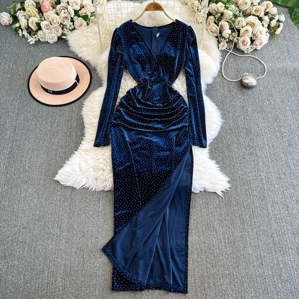 Vintage V-neck Elegant Long Sleeves Chic Dot Print Split Slim Velvet Long Dresses Evening High Street Autumn Winter Clothing