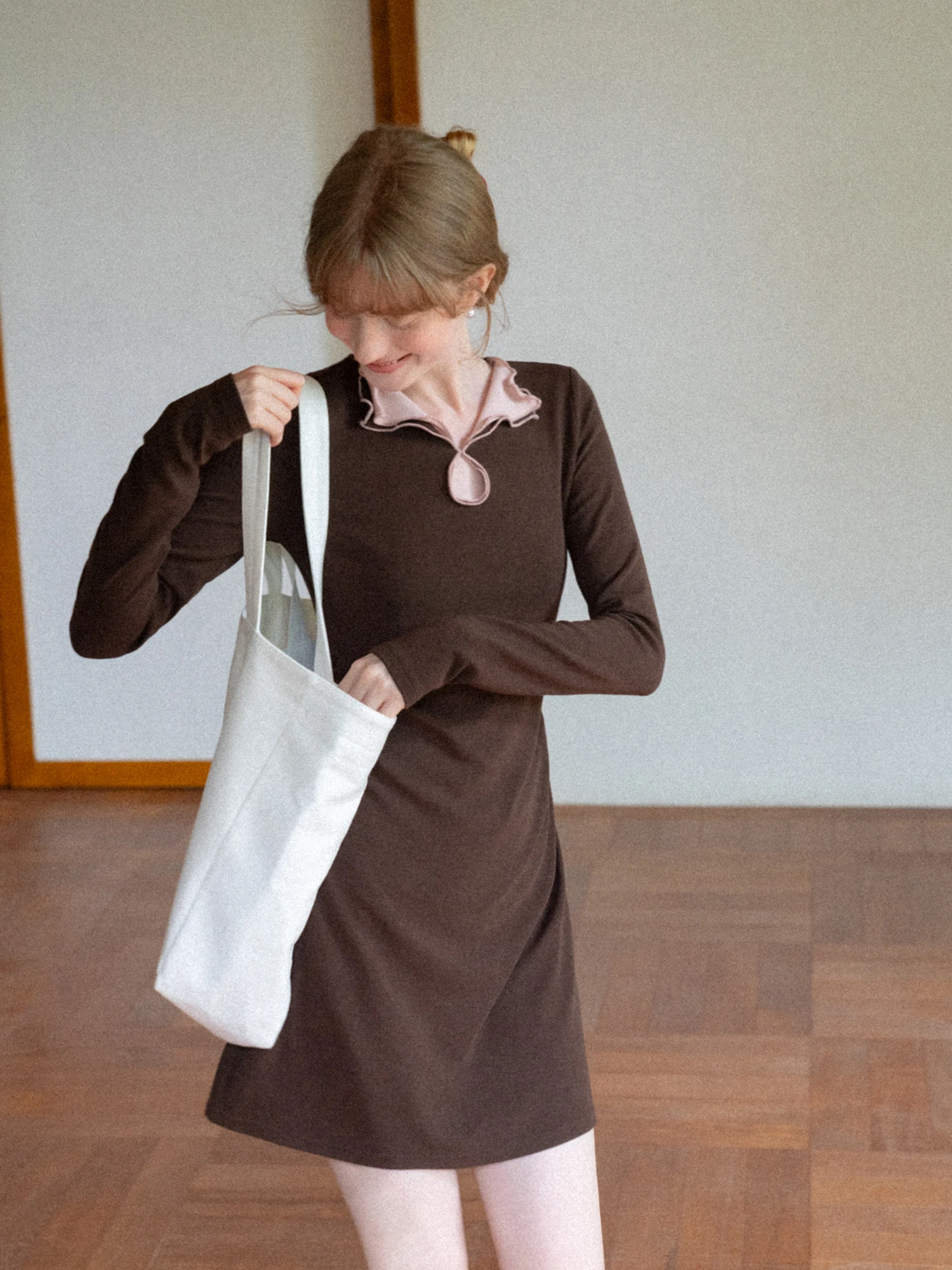 EGGKA Hollow out Collar Color Block Long Sleeve A-Line  Dress Women's Autumn Coffee Waist Cinched Casual Dress