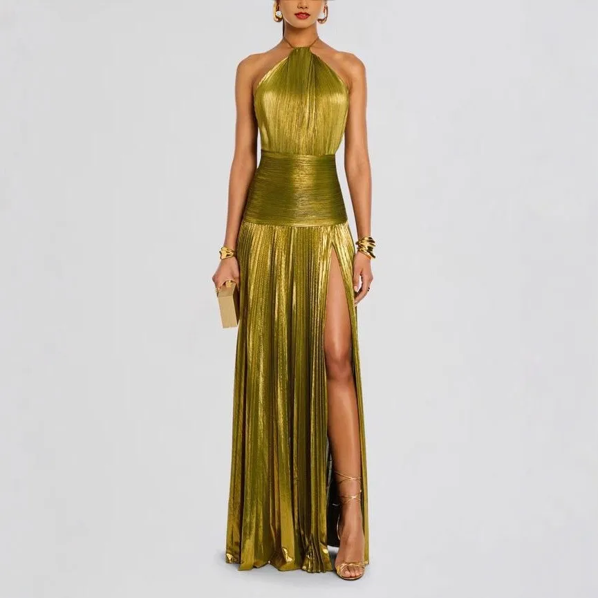 Elegant Party Dress Sleeveless Long Dresses Pleated Slit Maxi Dress High Slit Wrap Front Evening Dress for Wedding Guest Prom