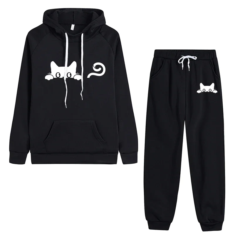 

Hot Sales Womens Outfits Cute Cat Printing Casual Hooded Sweatshirt Suits Daily Gym Jogging Womens Pants Set Tracksuit Clothing