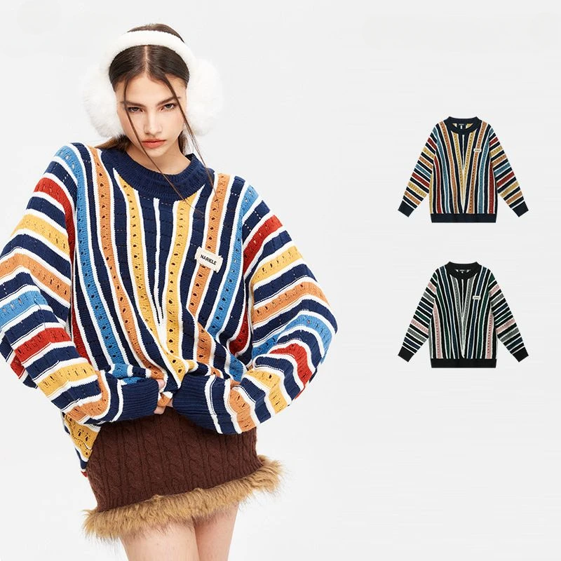 

European and American Ins Personality Street Retro Art Striped Design Sweater Fashion Y2K Loose Round Neck Couple Sweater