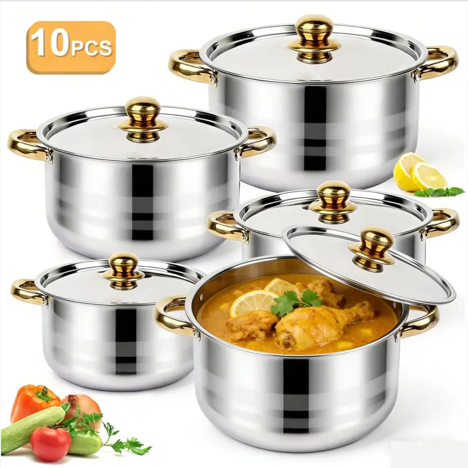 Juego de ollas de acero inoxidable, moderno y lujoso, juego de ollas con cuerpo plateado y asas doradas, 10 piezas, 5 ollas, 5 tapas, ollas de diferentes tamaños, ollas profundas para cocinar en casa, restaurante, sopa, fideos, hot pot, pasta