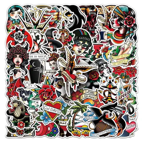 10/50PCS Colorful Tattoo Pattern Personalized Retro Old School Style Graffiti Decoration Waterproof Sticker Kids Toy