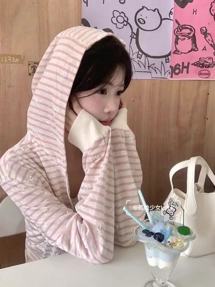 Sweet Pink Striped Bow Print Cardigan Coat Women 2025 Early Autumn New Hoodie Tops Mujer Y2k Long Sleeve Zip  Sweatshirts