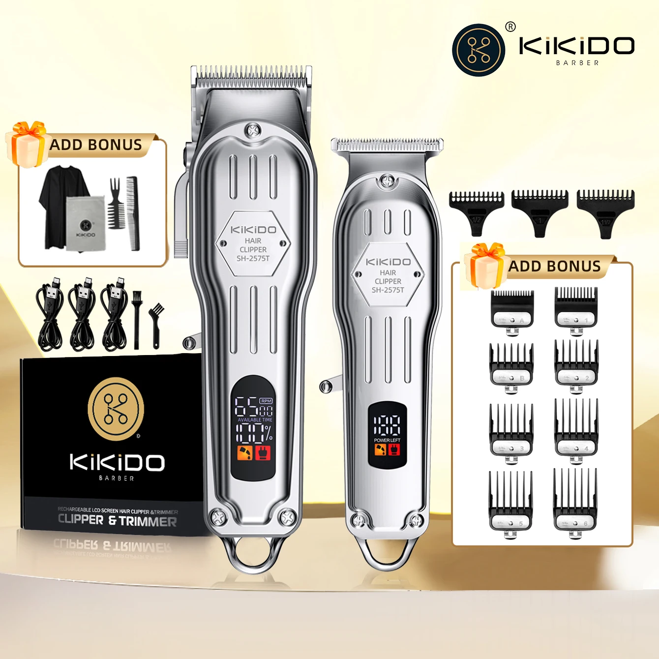 

KIKIDO Professional Cordless Hair Clipper SH-2575T LCD Display Barber Trimmer Kit for Men Rechargeable 6 Combs