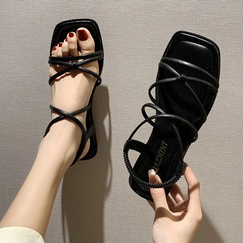 2024 Sandals All-Match Spring Shoes Square Toe Summer Heels Suit Female Beige Ankle Strap New Girls Low Flat Open Black Comfort